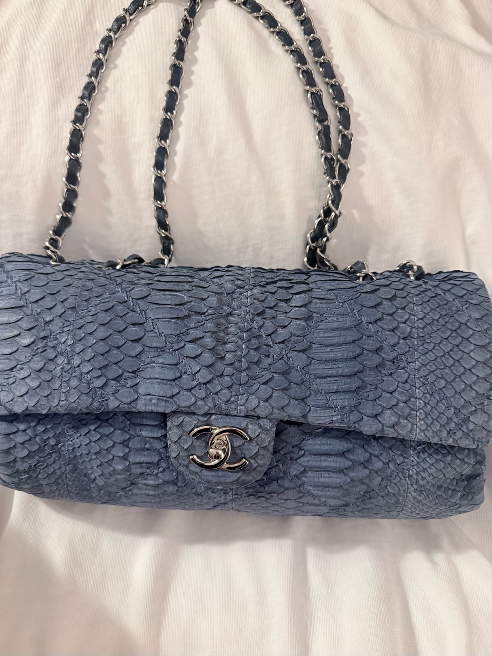 CHANEL Blue Python Double Flap Shoulder Bag